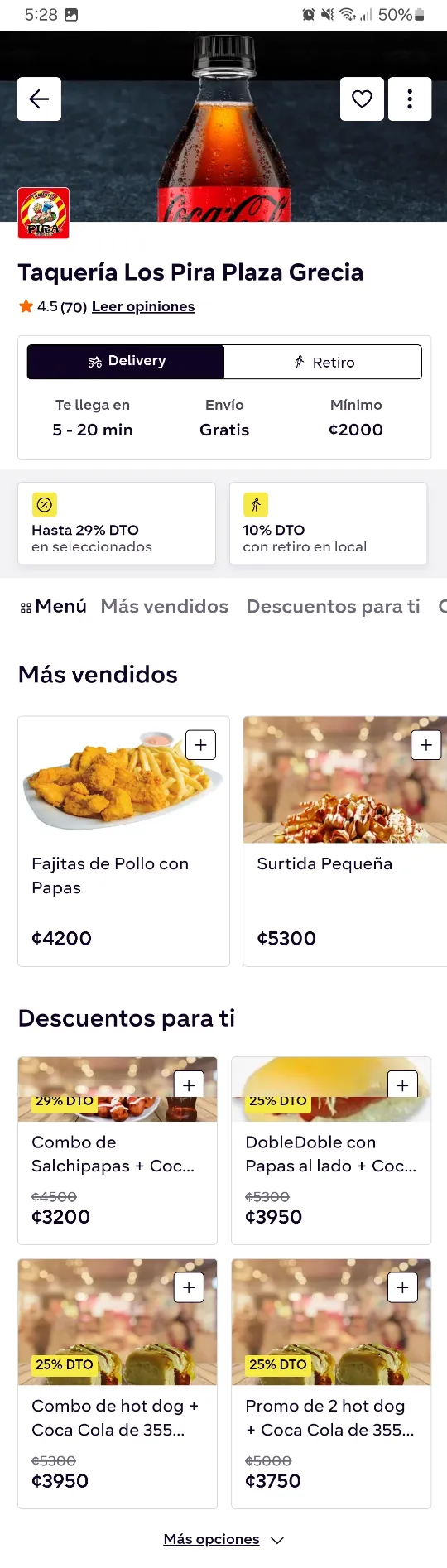 Menú de PIRA en PedidosYa